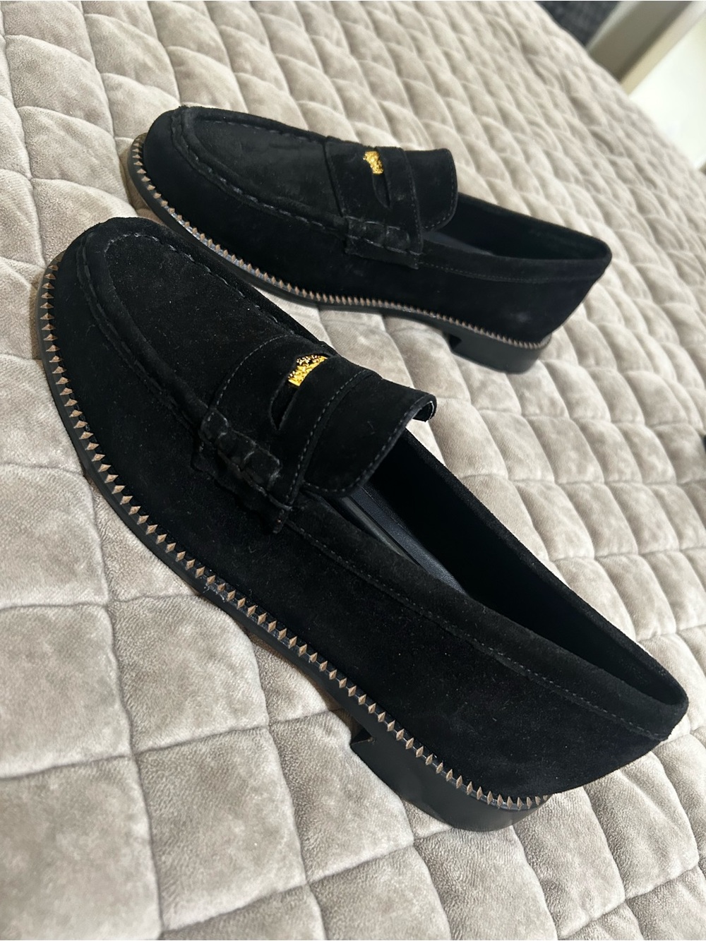 Freda Salvador Black Suede Loafers with Gold Hardware